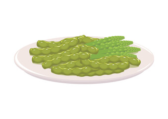 Boiled green beans and asparagus on a plate isolated on white. Mediterranean, Oriental cuisine traditional dish. Healthy vegetarian dieting food. Vector illustration, cartoon, icon, simbol, object