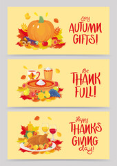 Thanksgiving day banners set with punmkin, pie, roasted turkey dish, leaves and handwritten inscription. Autumn, harvest fest. Background, invitation, flyer, greeting for restaurante, party, dinner