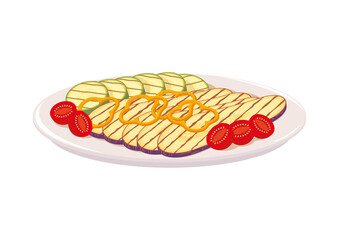 Grilled eggplant and zucchini with bell pepper and cherry tomatoes on a plate. Mediterranean cuisine  traditional dish. Healthy vegetarian food, diet meal. Vector illustration, cartoon, icon, object