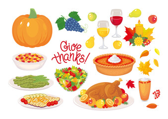 Thanksgiving day meal, dinner set with pumpkin, turkey, pie, fruits, vegetables, wine. Traditional food serving on plate. Vector illustration, cartoon, isolated, design elements for menu, decoration