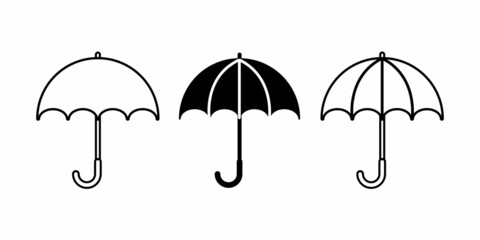 White and black umbrella silhouette icon set. Raining season symbol. Travel concept. Vector illustration. Stock image.