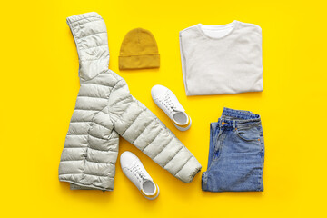 Stylish clothes and shoes on color background