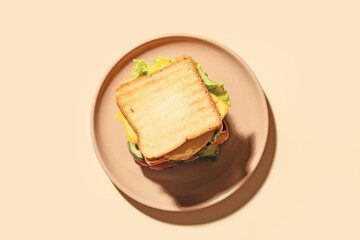 Plate with tasty sandwich on color background