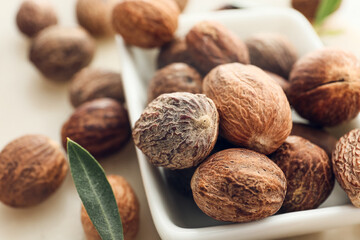 Bowl with shea butter on table, closeup