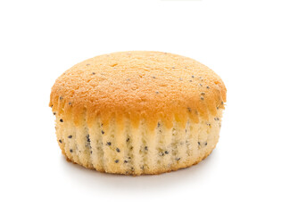 Delicious muffin with poppy seeds on white background