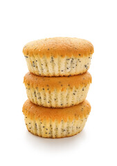 Stack of delicious muffins with poppy seeds on white background
