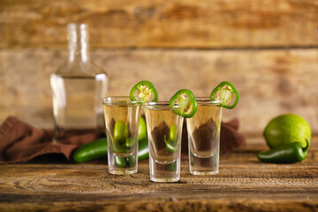 Shots of tasty tequila with jalapeno peppers on wooden background