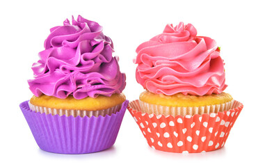 Tasty Birthday cupcakes on white background