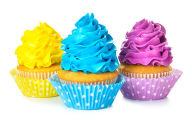 Tasty Birthday cupcakes on white background