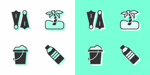 Set Bottle of water, Rubber flippers for swimming, Sand bucket and Tropical palm tree icon. Vector