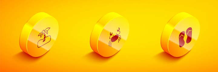 Set Isometric Tropical palm tree, Crab and Flip flops icon. Vector