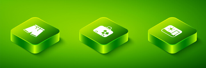 Set Isometric Suitcase, Travel postcard and Swimming trunks icon. Vector