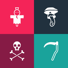 Set pop art Scythe, Skull on crossbones, Psilocybin mushroom and Scarecrow icon. Vector