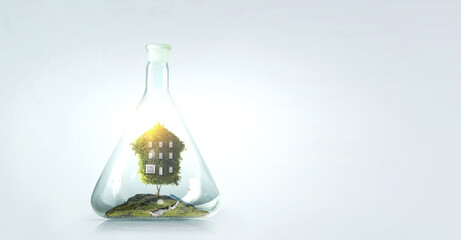 House inside a floating glass bottle . Mixed media
