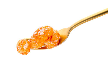 Fork with delicious gnocchi and tomato sauce on white background
