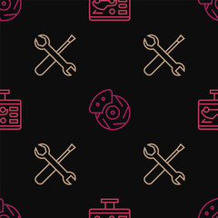 Set line Diagnostics condition of car, Screwdriver and wrench spanner and Car brake disk with caliper on seamless pattern. Vector