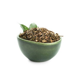 Bowl of dry hojicha green tea on white background