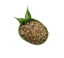 Bowl of dry hojicha green tea on white background