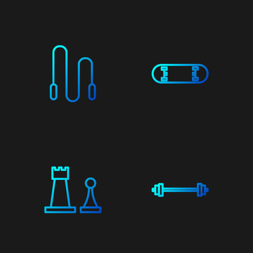 Set line Barbell, Chess, Jump rope and Skateboard trick. Gradient color icons. Vector
