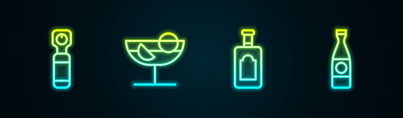 Set line Bottle opener, Cocktail, Whiskey bottle and Beer. Glowing neon icon. Vector