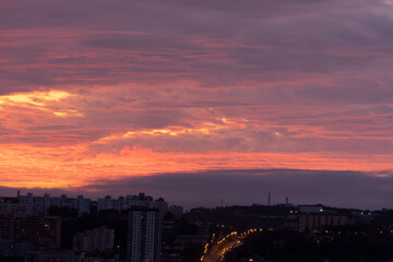 Beautiful sunrise over the city landscape. Vladivostok
