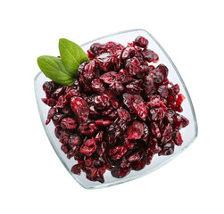 Bowl with tasty dried cranberries on white background