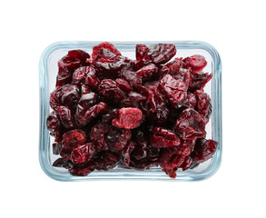 Bowl with tasty dried cranberries on white background