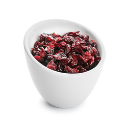 Bowl with tasty dried cranberries on white background