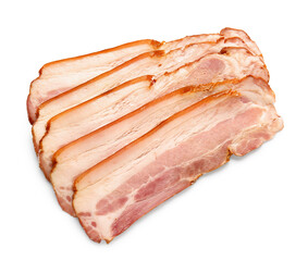 Slices of tasty smoked bacon on white background