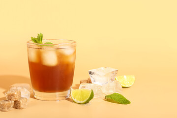 Glass of tasty Long Island iced tea on color background