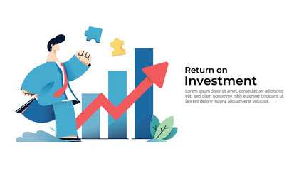salary rate increase with growth up arrow and people character. business profit grow or income margin management revenue. Finance statistic performance of return on investment ROI illustration concept