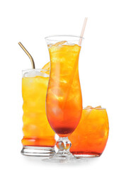 Glasses of tasty Tequila Sunrise cocktail on white background