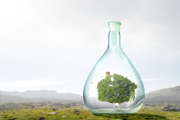 House inside a floating glass bottle