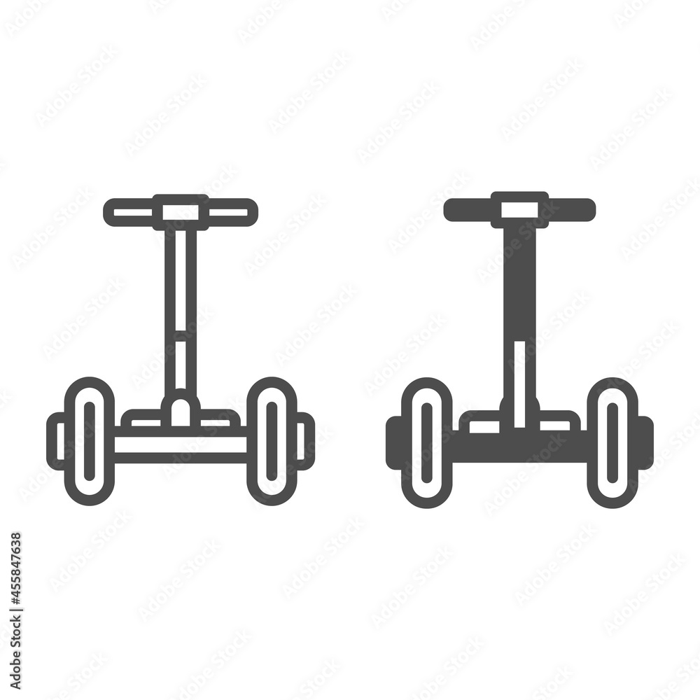Poster hoverboard front view line and solid icon, electric transport concept, gyroboard with handle vector 
