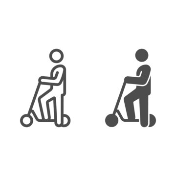 Man Stand On Electric Scooter Line And Solid Icon, Electric Transport Concept, Kick Scooter Vector Sign On White Background, Outline Style Icon For Mobile Concept And Web Design. Vector Graphics.