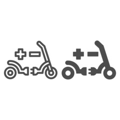 Electric scooter plug and socket line and solid icon, electric transport concept, charge power vector sign on white background, outline style icon for mobile concept and web design. Vector graphics.