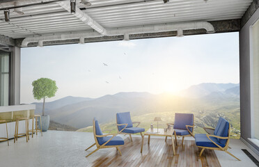 Natural living room interior without one wall