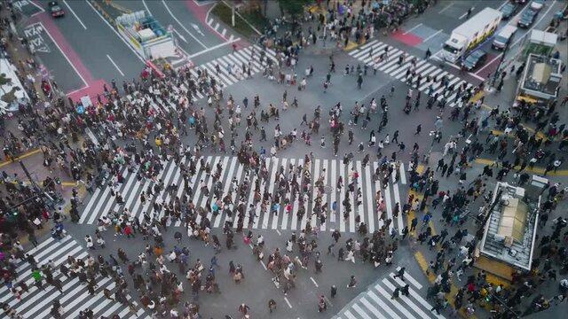 POV of many people walking crossing road in shibuya street area in daytime before covid19 outbreak in slowmotion