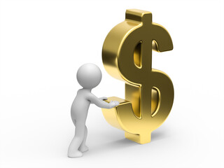 3d man pushing a huge golden dollar sign 