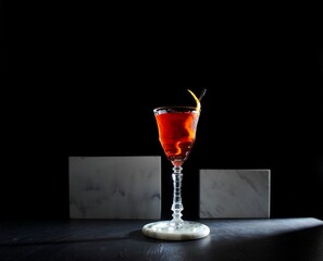 Red cocktail alcoholic beverage drink, lemon garnish, against a black background
