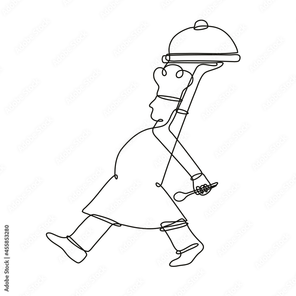 Poster continuous line drawing illustration of a chef cook or baker serving a food platter side view done i