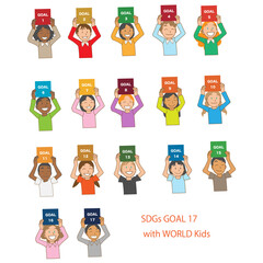SDGsゴールをかかげる多民族の子供たち