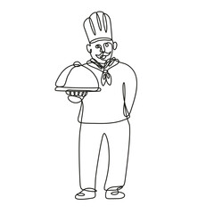 Continuous line drawing illustration of a chef, cook or baker holding a platter front view done in mono line or doodle style in black and white on isolated background. 