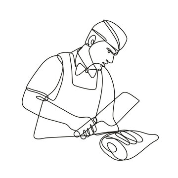 recommend clip art: Continuous line drawing illustration of a butcher with meat cleaver cutting leg of ham done in mono line or doodle style in black and white on isolated background. 