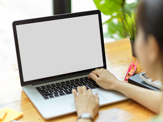 Fototapeta premium Close up, Female architecture working laptop at office