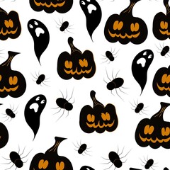 Scary ghosts and pumpkins with spiders seamless pattern, Halloween hand-drawn draw, vector illustration.