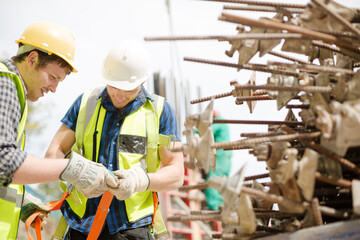 Construction worker fastening coworker‚Äö√Ñ√¥s safety harness