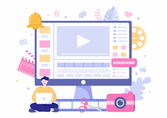 Fototapeta premium Content Creator Background Vector Illustration of Freelancer Blogger and Video Vlogger Production Can use for Poster or web Design Template