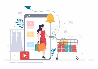 Video Beauty Blogger Content Creator Background of Making Clothing, Dress, Fashion, Online Shopping Flat Design Vector Illustration