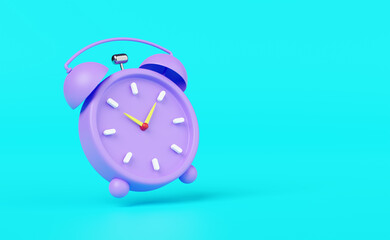 cartoon character purple or violet alarm clock wake-up time morning with space isolated on blue background.concept 3d illustration or 3d render